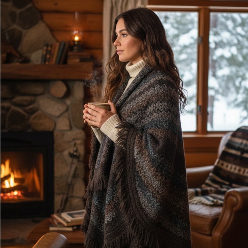 Vintage 1980s Oscar de la Renta Wool-Blend Shawl, Boho FringeWrap,Earth-Tones - Picture 2 of 16